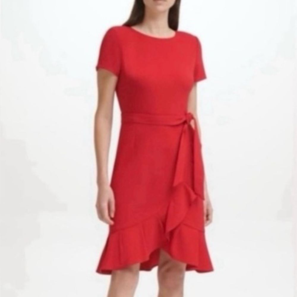 🆕 Calvin Klein Elegant Red Belted Dress